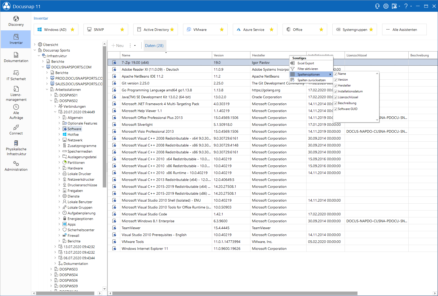 Docusnap-Datenexplorer-Spaltenoptionen