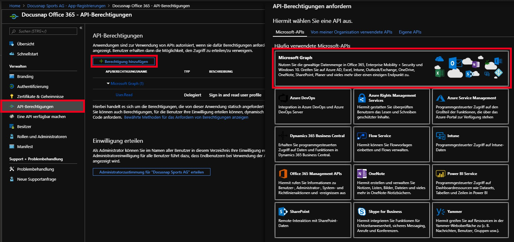 Docusnap-Inventarisierung-Azure-Vorbereitung-Office365-Anwendung-API-auswählen